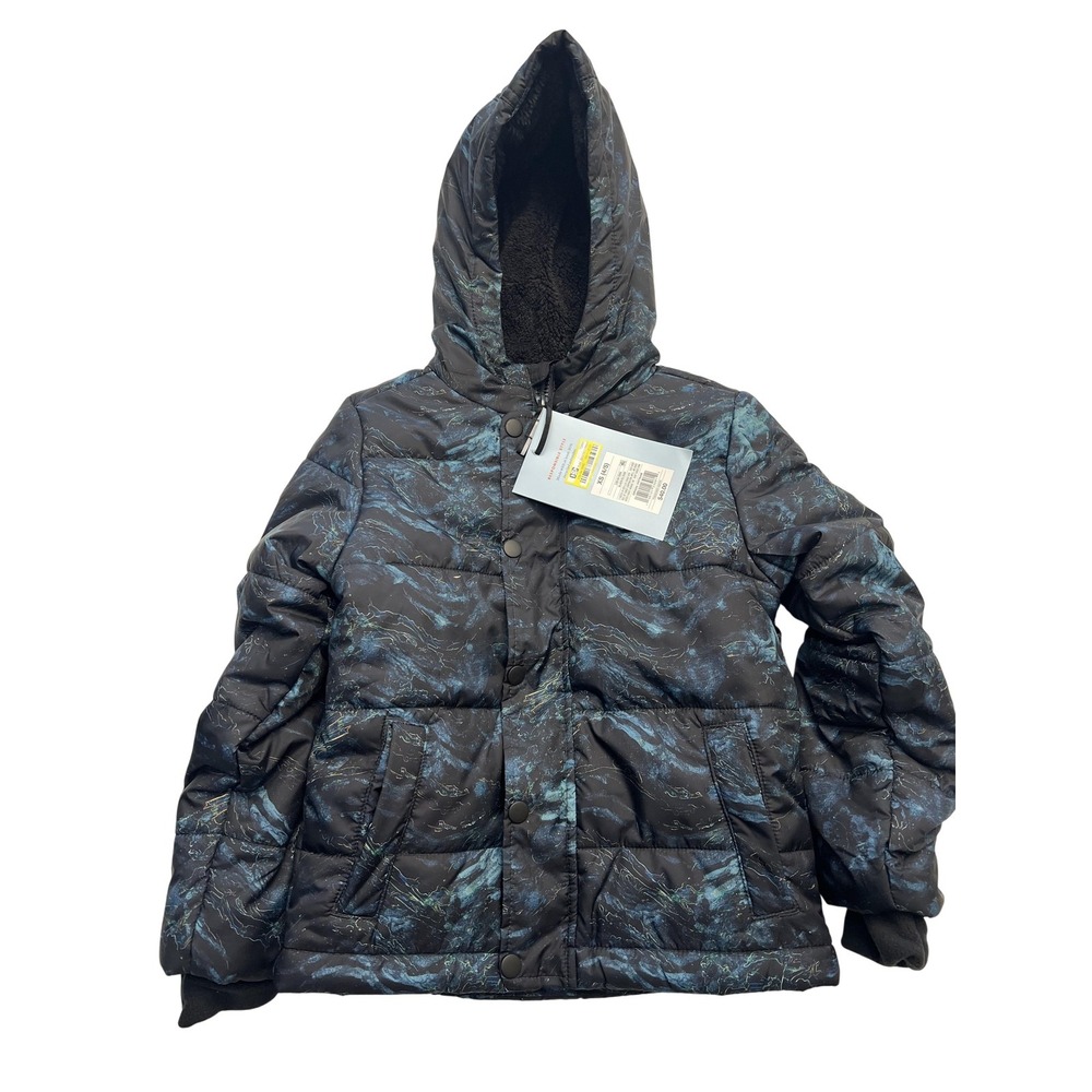 Cat & Jack Puffer Jacket Kids XS 4/5 Black Blue Marble Hooded Outerwear New Tags